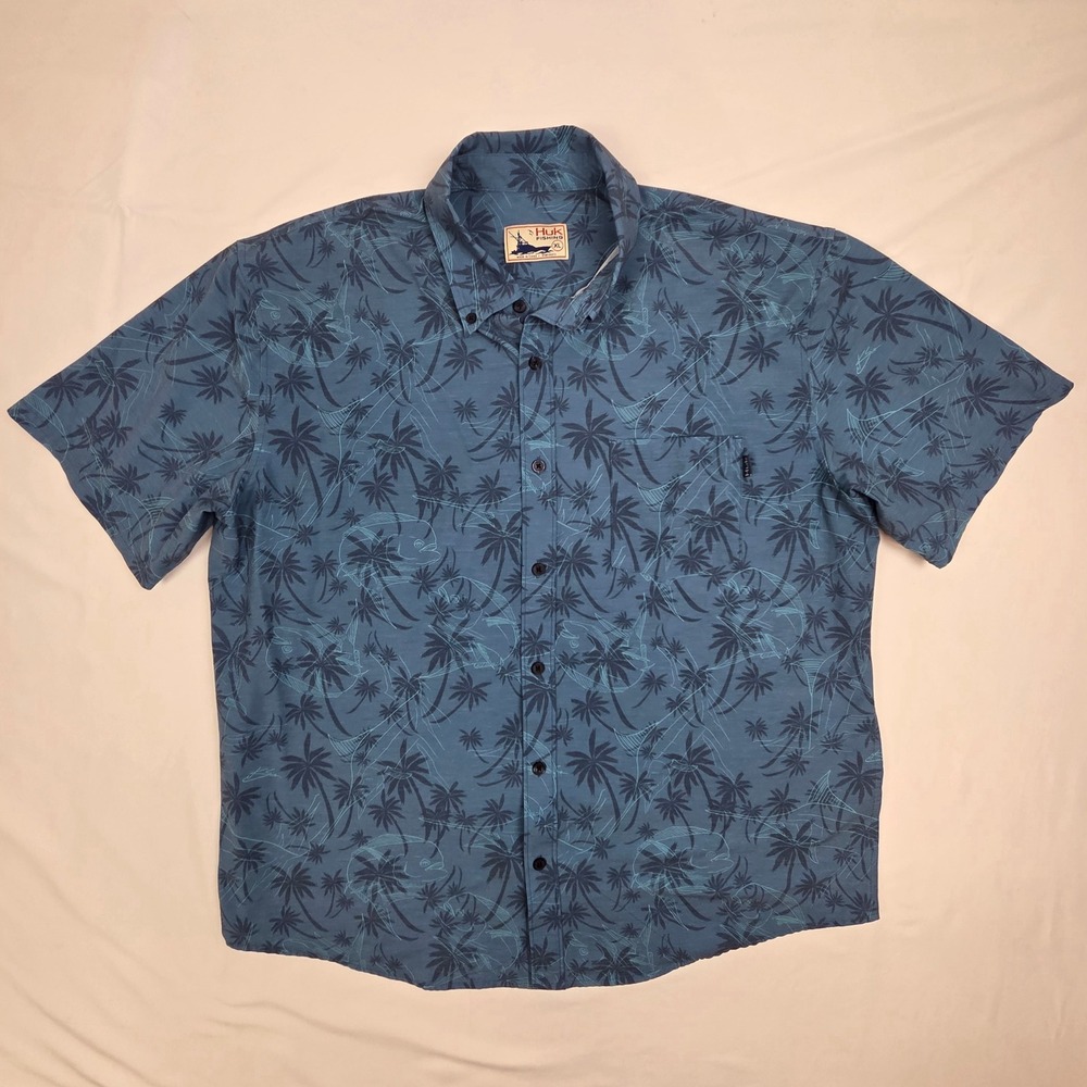 Huk Mens Button Down Shirt Performance Fishing Tropical Palm Blue XL